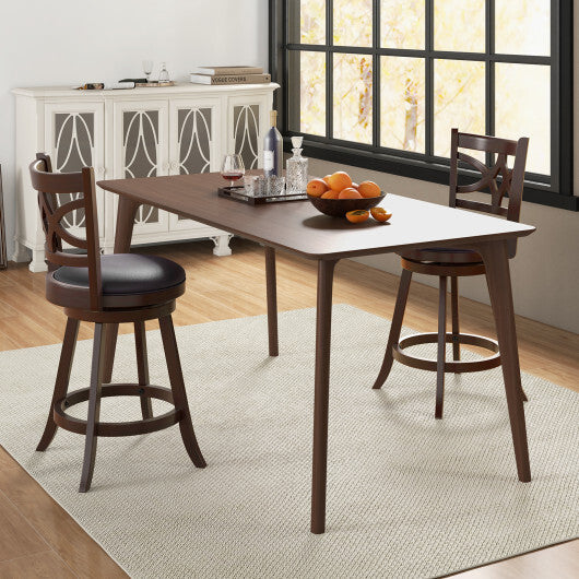 Costway Set of 2 Bar Chairs 360? Swivel with Leather Cushioned Seat and Rubber Wood Frame-24 inch W2B