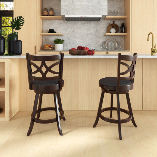 Costway Set of 2 Bar Chairs 360? Swivel with Leather Cushioned Seat and Rubber Wood Frame-24 inch W2B