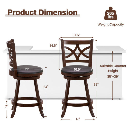 Costway Set of 2 Bar Chairs 360? Swivel with Leather Cushioned Seat and Rubber Wood Frame-24 inch W2B
