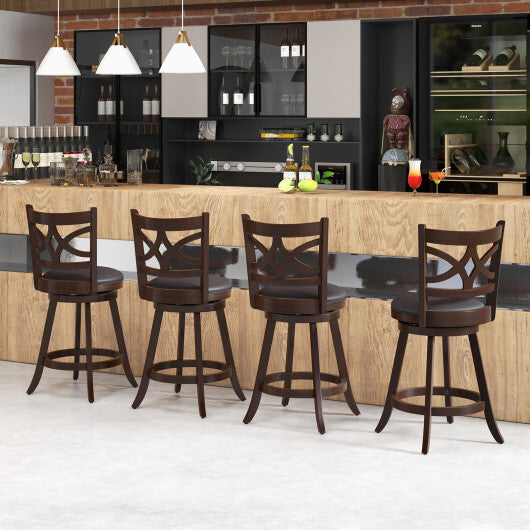 Costway Set of 2 Bar Chairs 360? Swivel with Leather Cushioned Seat and Rubber Wood Frame-24 inch W2B