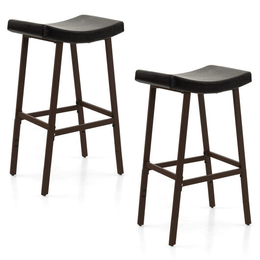 Costway Bar Stools Set of 2 with PU Leather Upholstered Saddle Seat and Footrest-Brown W2B
