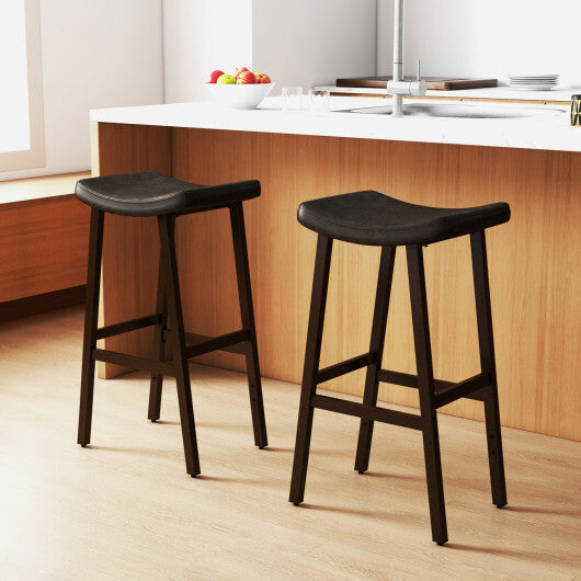 Costway Bar Stools Set of 2 with PU Leather Upholstered Saddle Seat and Footrest-Brown W2B