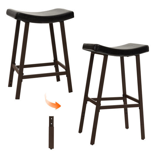 Costway Bar Stools Set of 2 with PU Leather Upholstered Saddle Seat and Footrest-Brown W2B