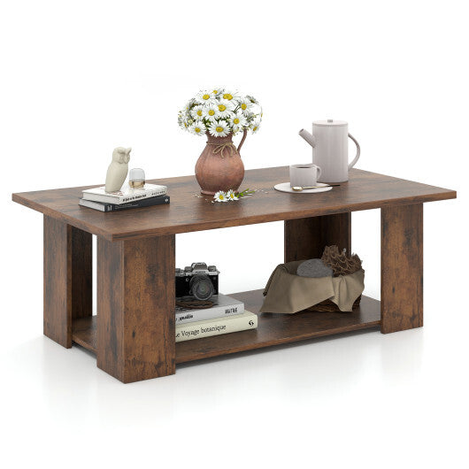 Costway Large 36/41 Inch 2-tier Wooden Modern Coffee Table with Storage Shelf-Coffee W2B
