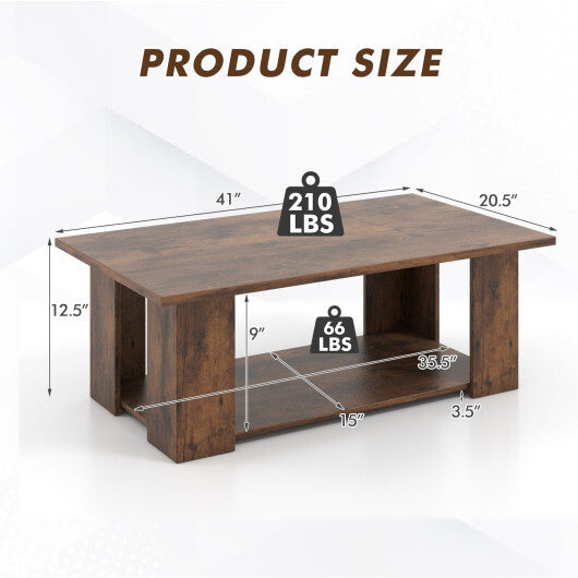 Costway Large 36/41 Inch 2-tier Wooden Modern Coffee Table with Storage Shelf-Coffee W2B