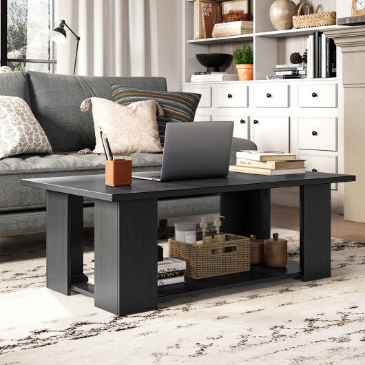 Costway Large 36/41 Inch 2-tier Wooden Modern Coffee Table with Storage Shelf-Black W2B