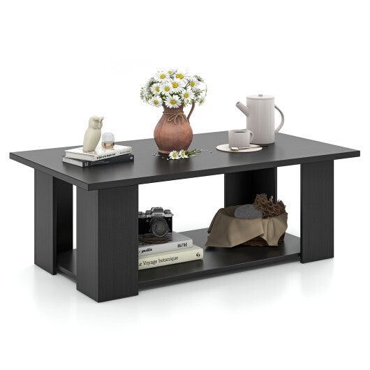 Costway Large 36/41 Inch 2-tier Wooden Modern Coffee Table with Storage Shelf-Black W2B