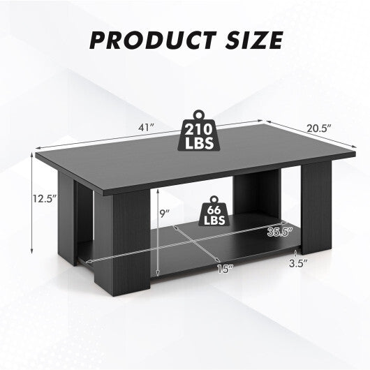 Costway Large 36/41 Inch 2-tier Wooden Modern Coffee Table with Storage Shelf-Black W2B