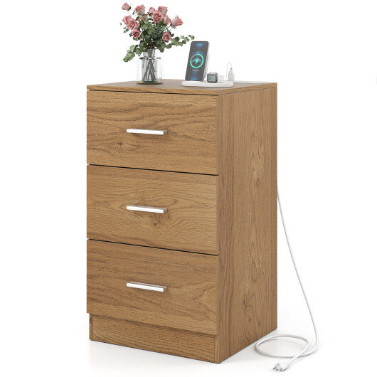 Costway Nightstand with Charging Station End Table with 3 Storage Drawers Bedside Table for Bedroom-Natural W2B