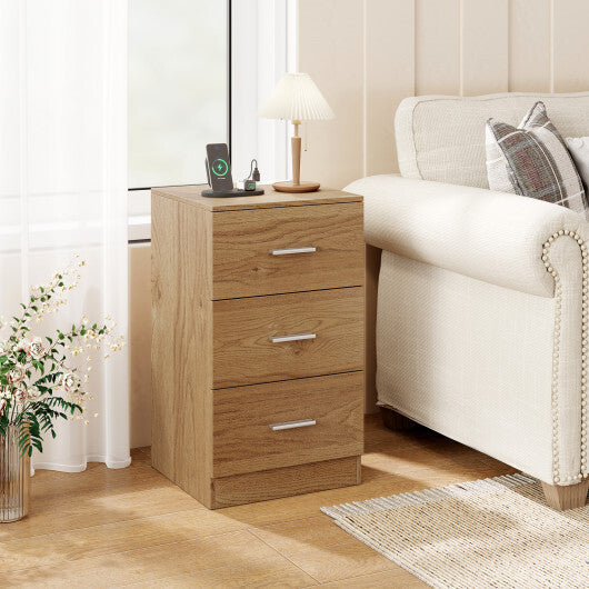 Costway Nightstand with Charging Station End Table with 3 Storage Drawers Bedside Table for Bedroom-Natural W2B