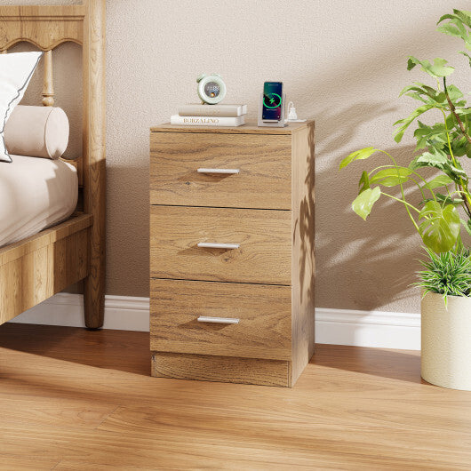 Costway Nightstand with Charging Station End Table with 3 Storage Drawers Bedside Table for Bedroom-Natural W2B