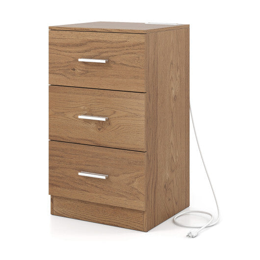 Costway Nightstand with Charging Station End Table with 3 Storage Drawers Bedside Table for Bedroom-Natural W2B