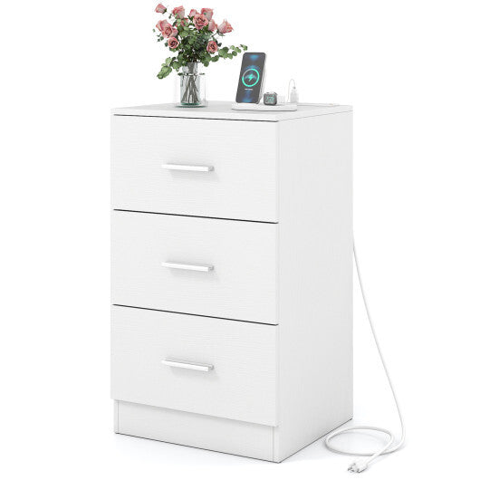 Costway Nightstand with Charging Station End Table with 3 Storage Drawers Bedside Table for Bedroom-White W2B