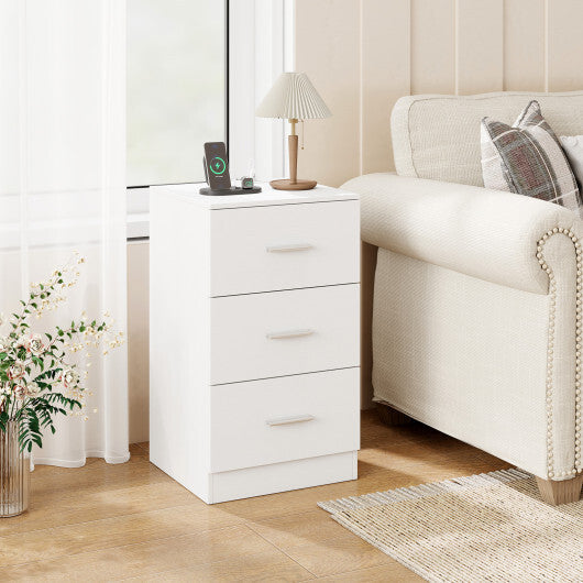 Costway Nightstand with Charging Station End Table with 3 Storage Drawers Bedside Table for Bedroom-White W2B