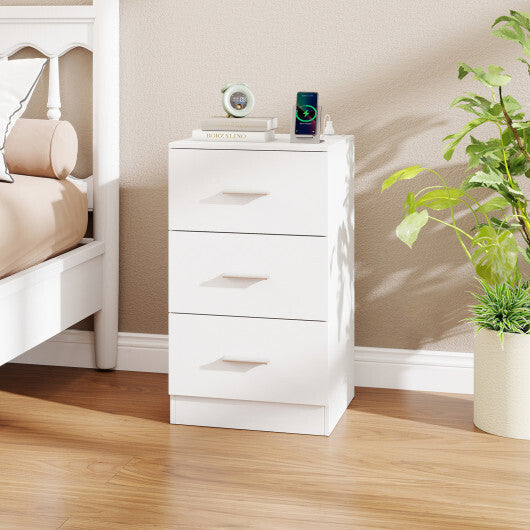Costway Nightstand with Charging Station End Table with 3 Storage Drawers Bedside Table for Bedroom-White W2B