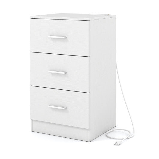 Costway Nightstand with Charging Station End Table with 3 Storage Drawers Bedside Table for Bedroom-White W2B