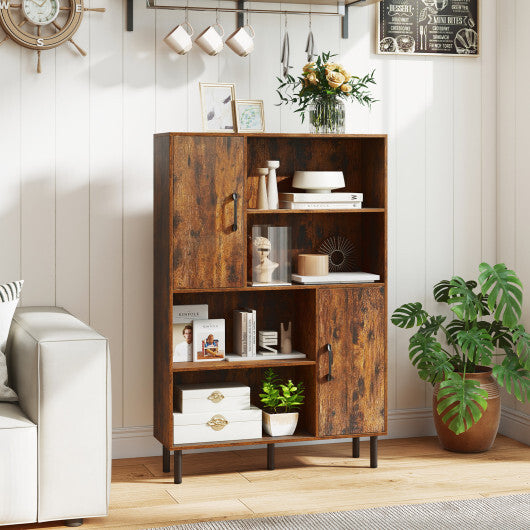 Costway 47 Inch Storage Cabinet Freestanding Bookcase with 2 Doors and 4 Open Shelves-Rustic Brown W2B