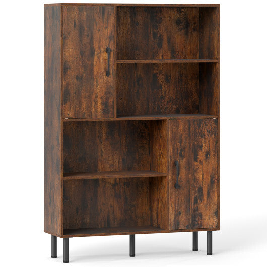 Costway 47 Inch Storage Cabinet Freestanding Bookcase with 2 Doors and 4 Open Shelves-Rustic Brown W2B