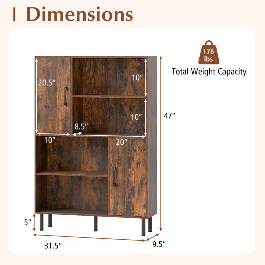 Costway 47 Inch Storage Cabinet Freestanding Bookcase with 2 Doors and 4 Open Shelves-Rustic Brown W2B