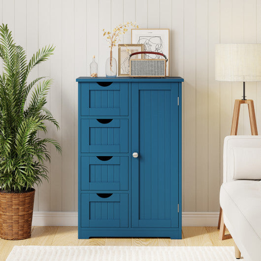 Costway Free-Standing Wooden Cabinet with 4 Drawers and Door Cabinet-Blue W2B