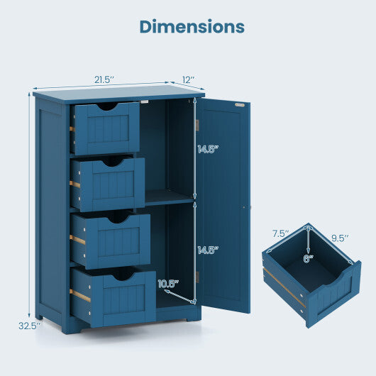 Costway Free-Standing Wooden Cabinet with 4 Drawers and Door Cabinet-Blue W2B