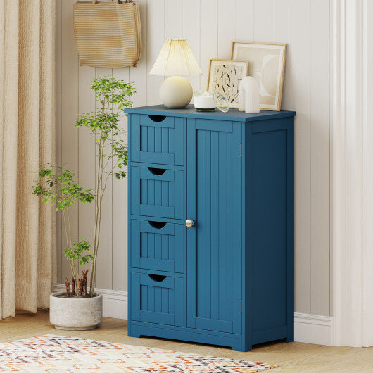 Costway Free-Standing Wooden Cabinet with 4 Drawers and Door Cabinet-Blue W2B