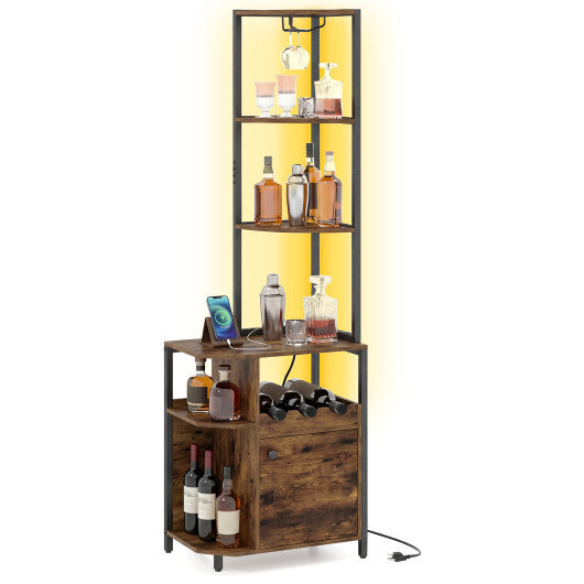 Costway 6-Tier Corner Bar Cabinet with LED Lights and Charging Station for Kitchen-Rustic Brown W2B