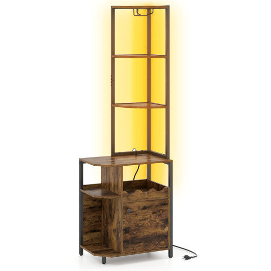 Costway 6-Tier Corner Bar Cabinet with LED Lights and Charging Station for Kitchen-Rustic Brown W2B