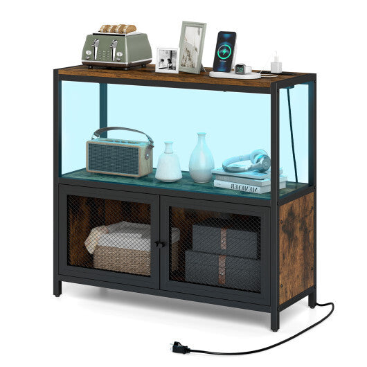 Costway Industrial Coffee Bar Cabinet with LED Lights and Charging Station-Rustic Brown W2B