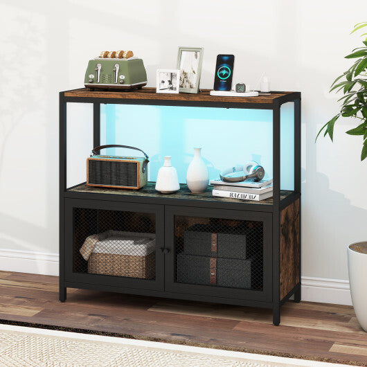 Costway Industrial Coffee Bar Cabinet with LED Lights and Charging Station-Rustic Brown W2B
