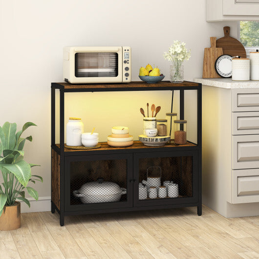 Costway Industrial Coffee Bar Cabinet with LED Lights and Charging Station-Rustic Brown W2B