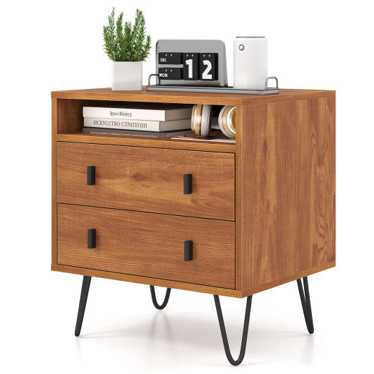 Costway Mid Century Modern 2-Drawer Nightstand with Storage Compartment-Walnut W2B