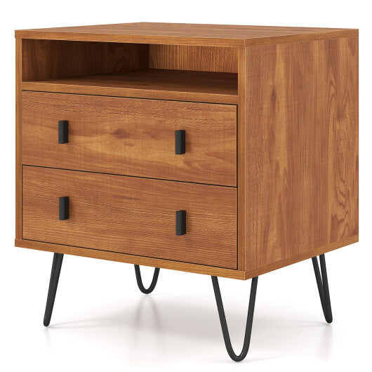 Costway Mid Century Modern 2-Drawer Nightstand with Storage Compartment-Walnut W2B