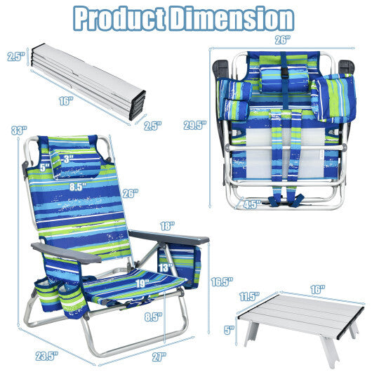 Costway 2 Packs 5-Position Outdoor Folding Backpack Beach Table Chair Reclining Chair Set-Blue W2B