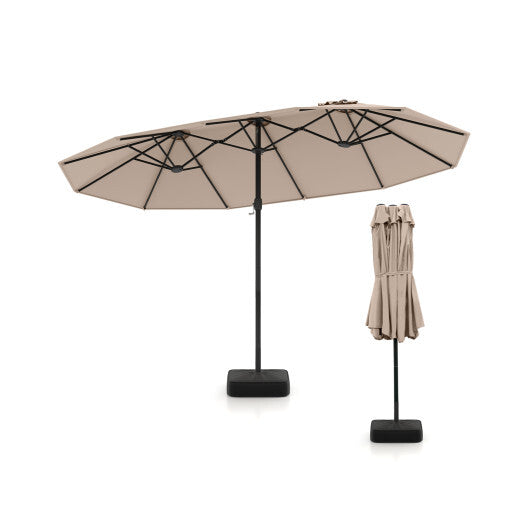 Costway 15 Feet Double-Sided Twin Patio Umbrella with Crank and Base-Brown W2B