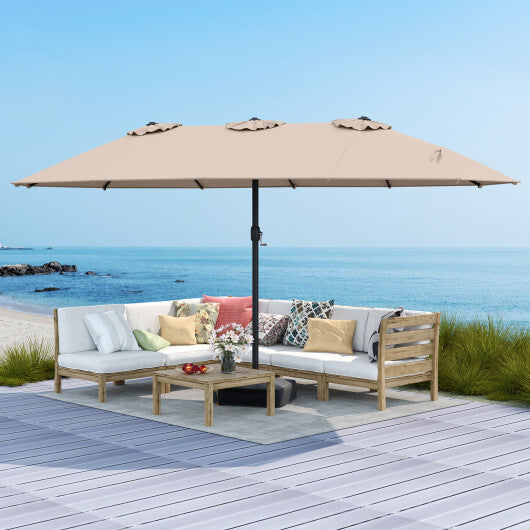 Costway 15 Feet Double-Sided Twin Patio Umbrella with Crank and Base-Brown W2B