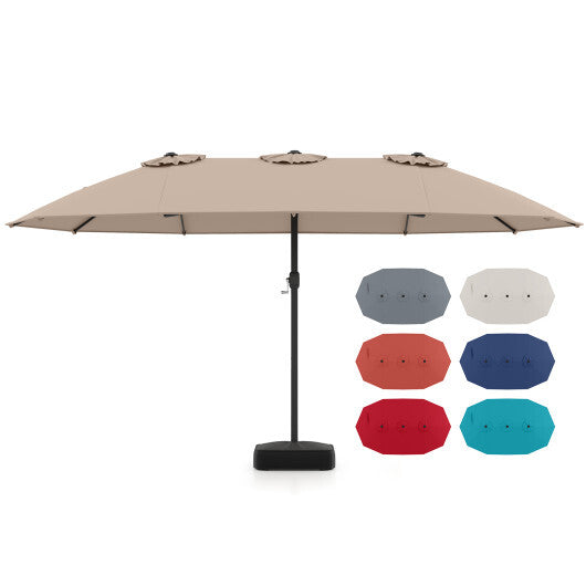 Costway 15 Feet Double-Sided Twin Patio Umbrella with Crank and Base-Brown W2B