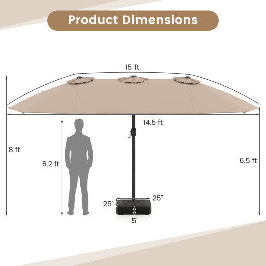 Costway 15 Feet Double-Sided Twin Patio Umbrella with Crank and Base-Brown W2B