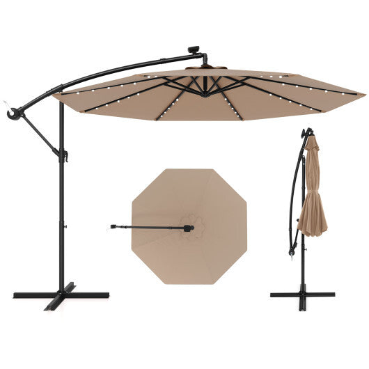 Costway 10 Feet Solar Offset Hanging Umbrella with 40 Lamp Beads and Solar Panel-Tan W2B