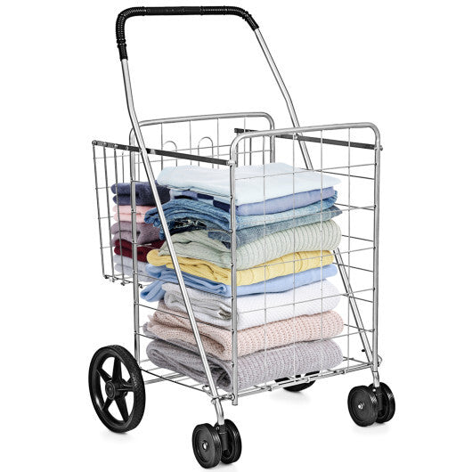Costway Folding Shopping Cart for Laundry with Swiveling Wheels and Dual Storage Baskets-Sliver W2B