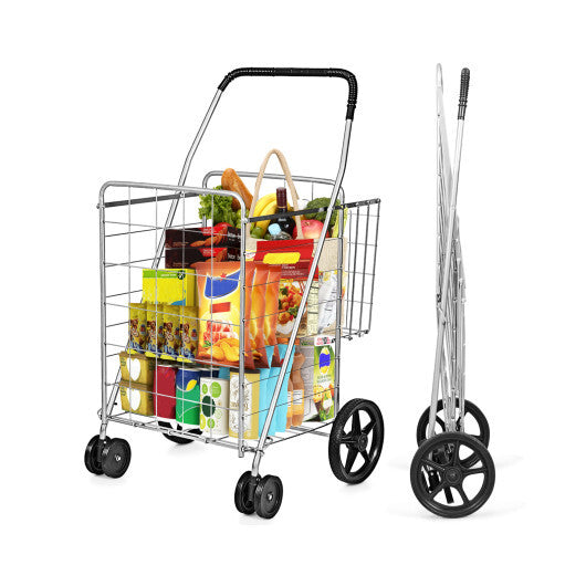 Costway Folding Shopping Cart for Laundry with Swiveling Wheels and Dual Storage Baskets-Sliver W2B