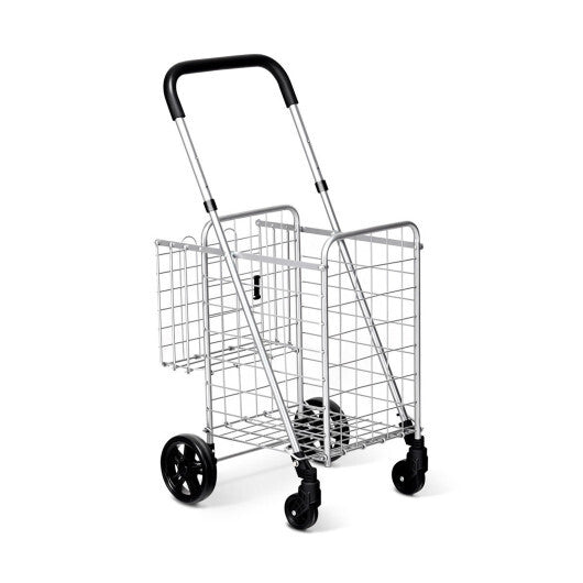 Costway Folding Shopping Cart Basket Rolling Trolley with Adjustable Handle-Silver W2B