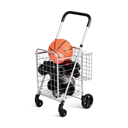Costway Folding Shopping Cart Basket Rolling Trolley with Adjustable Handle-Silver W2B