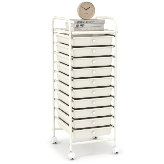 Costway 10 Drawer Rolling Storage Cart Organizer with 4 Universal Casters-White W2B