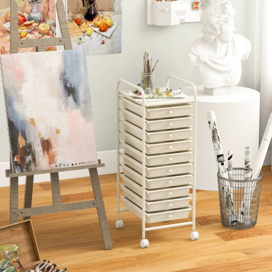 Costway 10 Drawer Rolling Storage Cart Organizer with 4 Universal Casters-White W2B