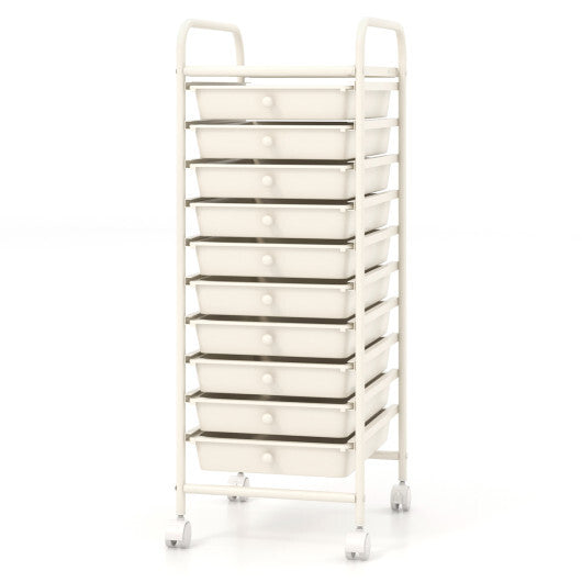 Costway 10 Drawer Rolling Storage Cart Organizer with 4 Universal Casters-White W2B