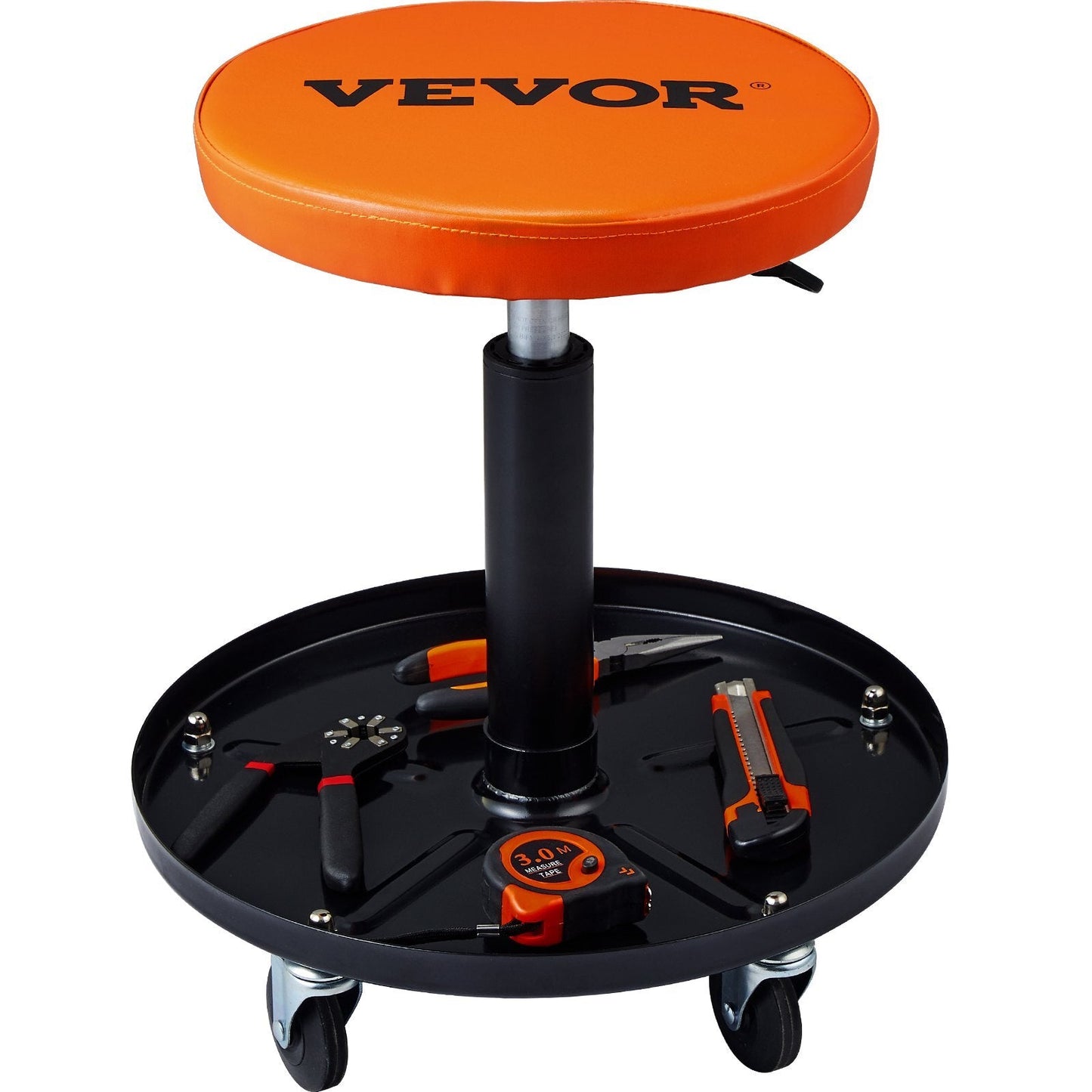 Mechanic Stool, 250 LBS Rolling Pneumatic Creeper Garage/Shop Seat, Adjustable Height 22 in-28 in Padded Rolling Workshop Stool with Tool Tray, for Garage, Shop, Auto Repair, Black+Orange W2B
