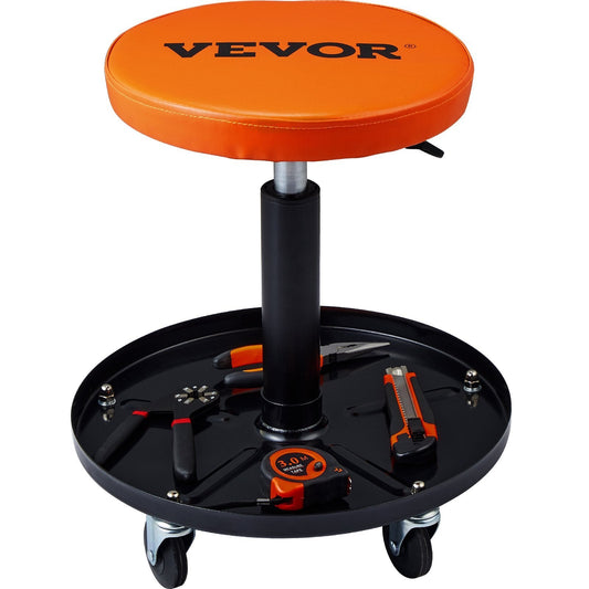 Mechanic Stool, 250 LBS Rolling Pneumatic Creeper Garage/Shop Seat, Adjustable Height 22 in-28 in Padded Rolling Workshop Stool with Tool Tray, for Garage, Shop, Auto Repair, Black+Orange W2B