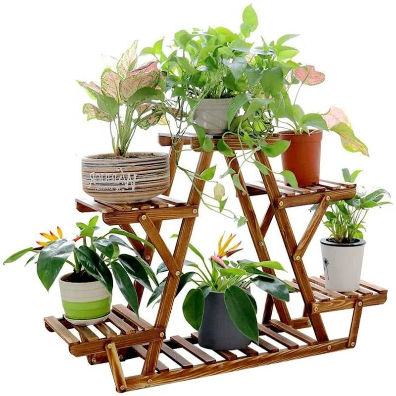 Solid Wood Triangular 6-Shelf Indoor Outdoor Flower Pot Plant Stand FastFurnishings