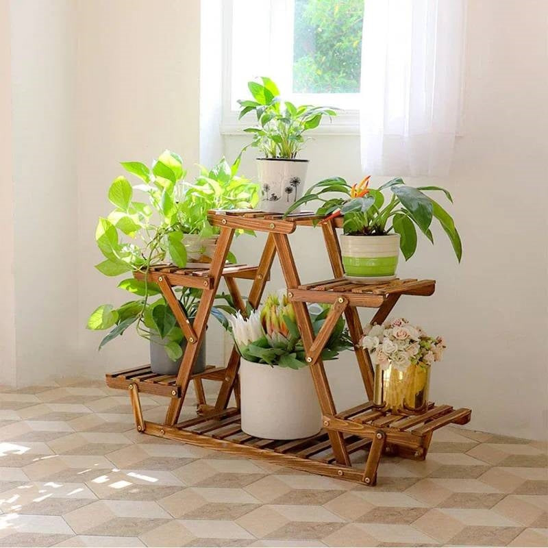 Solid Wood Triangular 6-Shelf Indoor Outdoor Flower Pot Plant Stand FastFurnishings